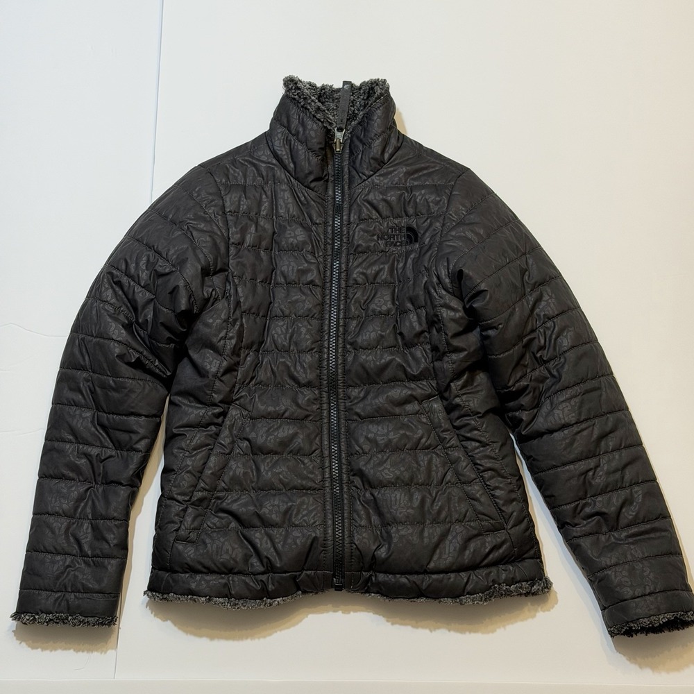 North Face Jacket Girls Size 7/8 Black Grey Polyester Faux‎ fur Coat reversible